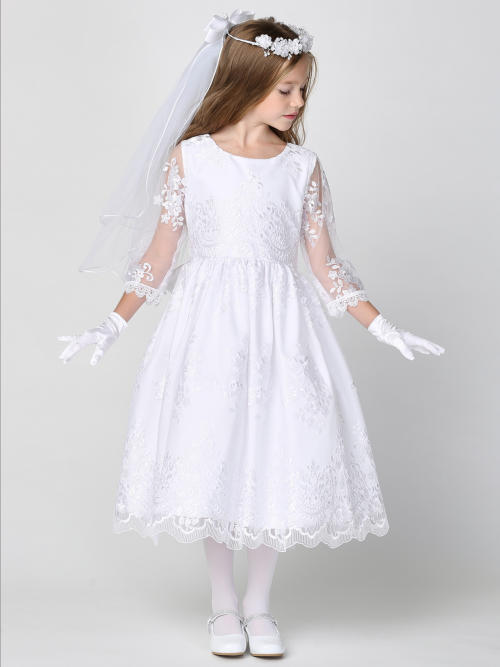Embroidered tulle First Communion dress with 3/4 sleeve