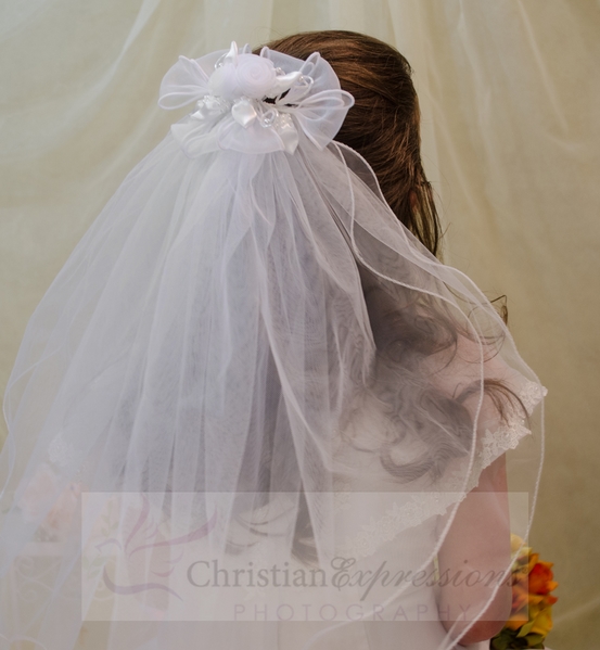 First Communion Clip Veil Organza and Satin Bows and Rosebuds