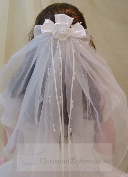 First Communion Clip Veil with Satin and Organza Bows and Large Rosette