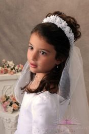 First Communion Crown Headpiece Veil with Organza Rosebuds and Pearls