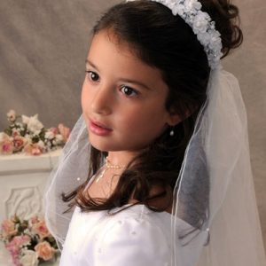 First Communion Crown Headpiece Veil with Organza Rosebuds and Pearls