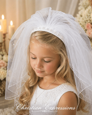 First Communion Headband Veil Braided Satin and Pearls