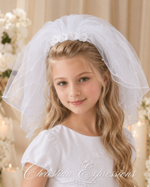 First Communion Headband Veil with Lace Flowers