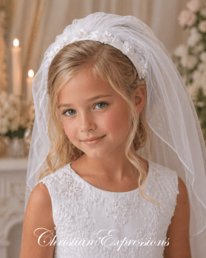 First Communion Headband Veil with Organza Bows and Pearls