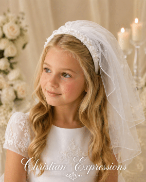 First Communion Headband Veil with Pearls and Flowers