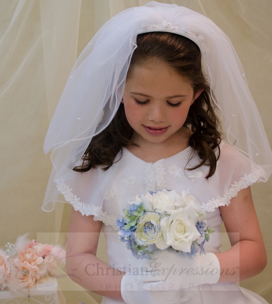 First Communion Headband Veils with Scattered Pearls and Roses