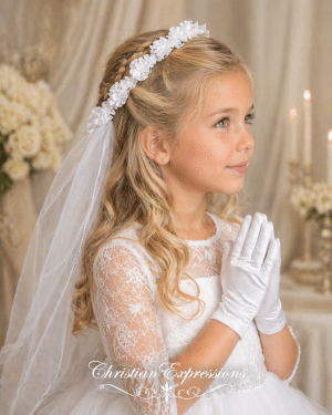 First Communion Satin Floral Wreath Veil