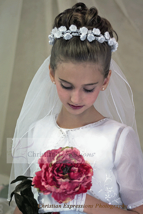First Communion Wreath Veil Double Layered Satin Rosettes with Pearls and Crystals
