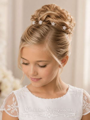First Communion Rhinestone Flower Hairpins Set of 4