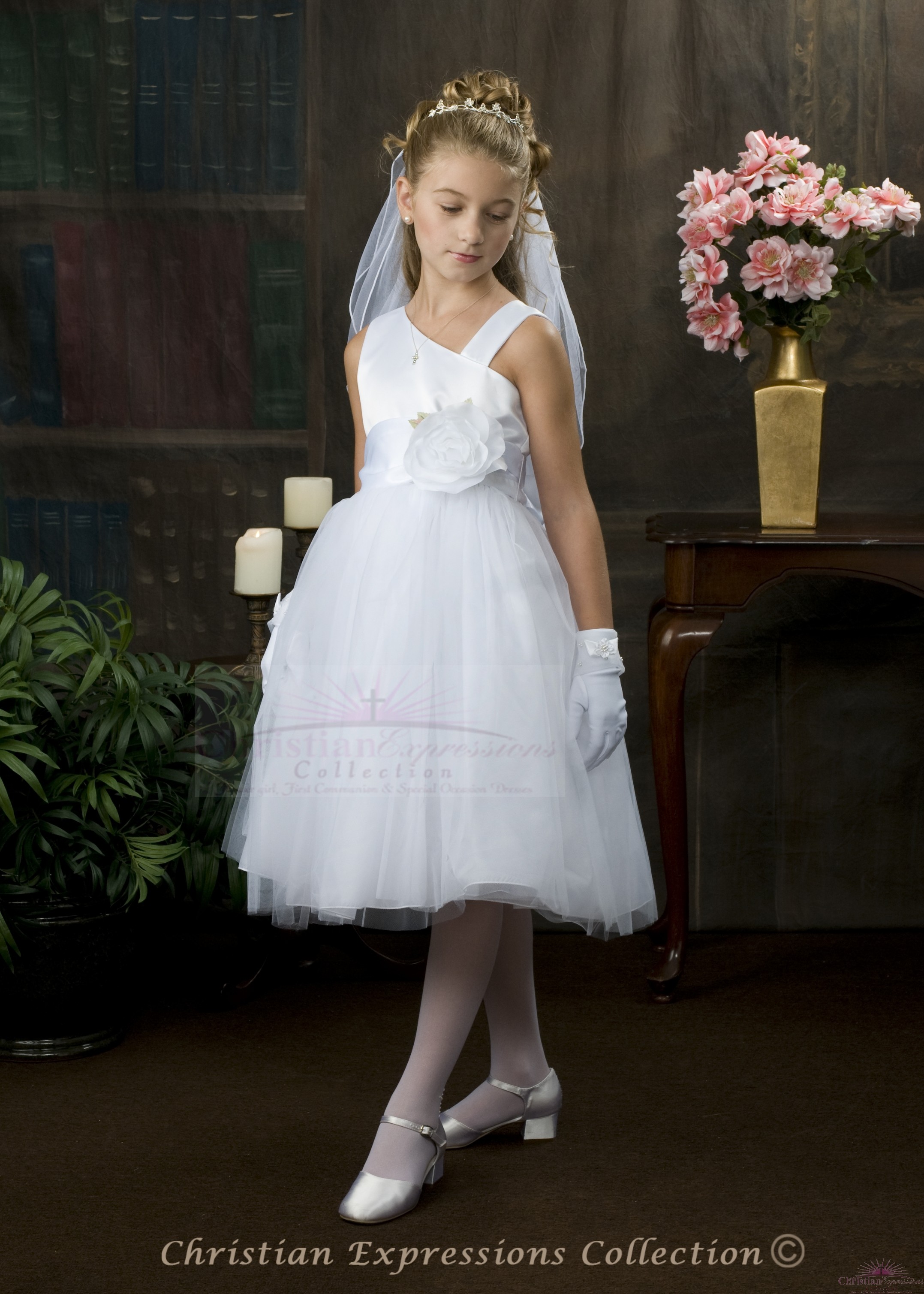satin  tulle  communion dress   neck
