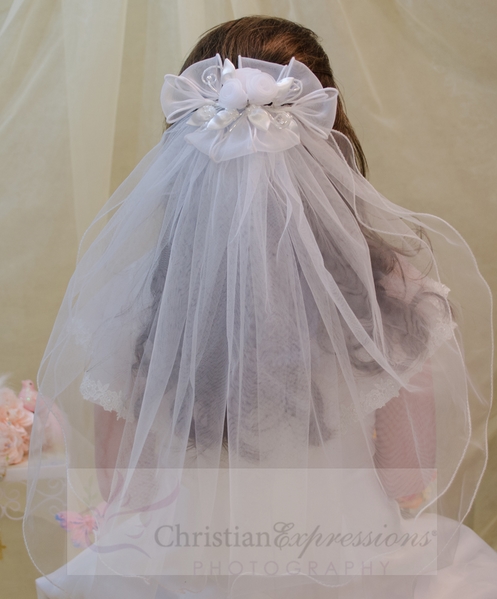 White First Communion Clip Veil Organza and Satin Bows and Rosebuds