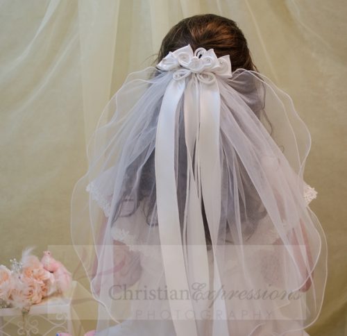 White First Communion Clip Veil with Satin Bows and Rosette