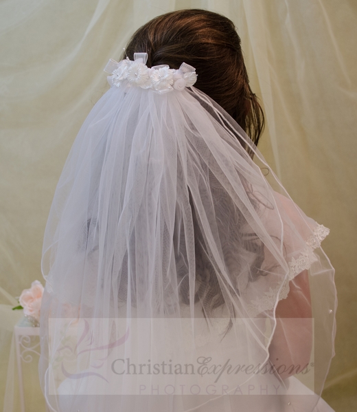 White First Communion Comb Veil with Satin and Organza Flowers and Rosebuds