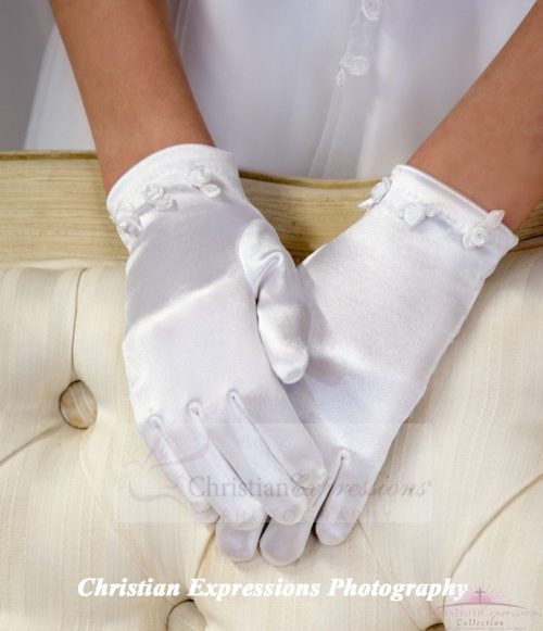 Satin First Communion Gloves with Small Rosebuds