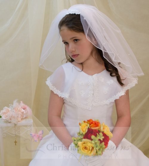 White 1st Communion Headband Veil with Fabric Flowers and Pearl Clusters