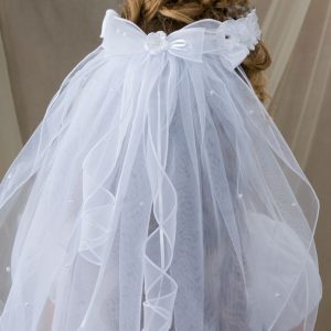 First Communion Crown Veil with Rosettes and Pearls