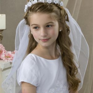 First Communion Crown Veil with Satin Rosettes
