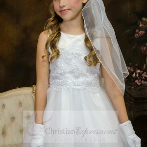 satin and tulle white first communion dress for girls