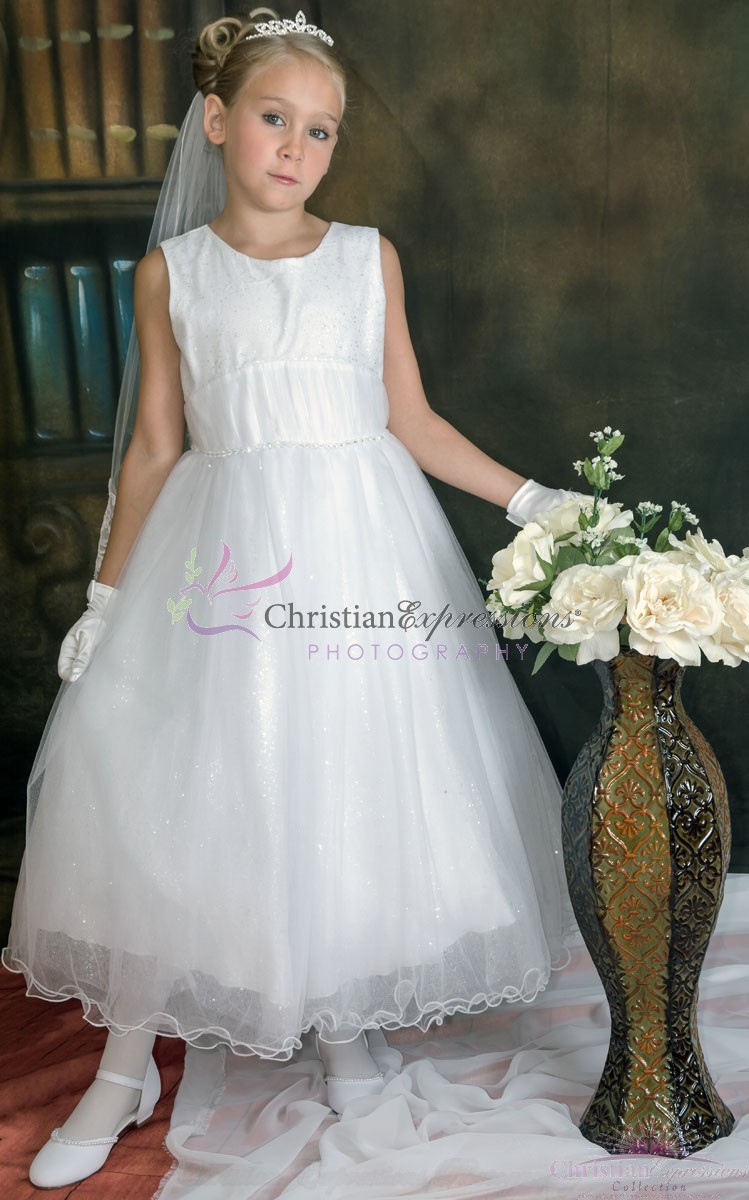 First Communion Dress with Sequin and Mesh Bodice