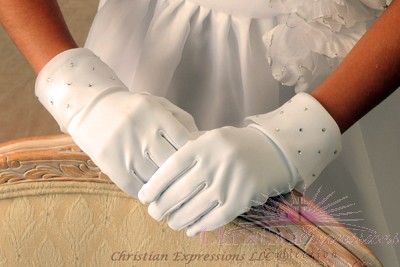 First Communion Gloves Organza Cuff Rhinestone Accents