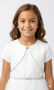 Short Sleeve Satin First Communion Jacket with Rhinestone Trim