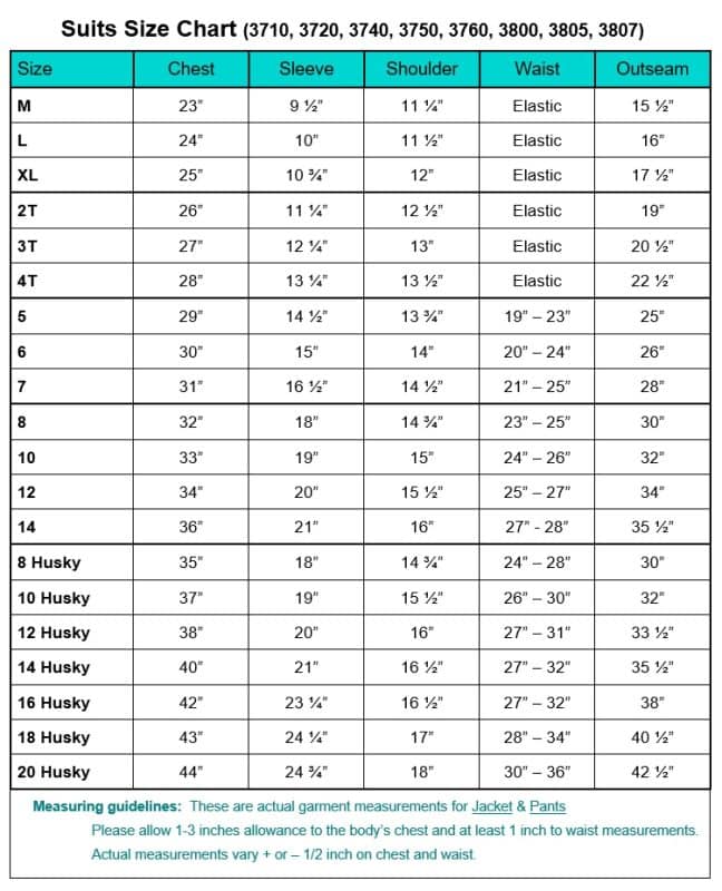 Lito First Communion Suits Size Chart