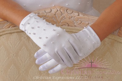 Satin First Communion Gloves with Pearls