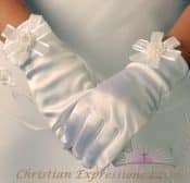 Satin First Communion Gloves with Rosette and Bow