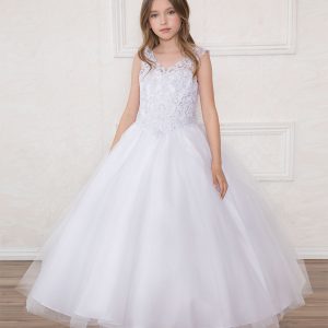 Girls Pageant Gown with Beaded V Neck and Scoop Back – FirstCommunions.com
