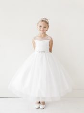 First Communion Dress Rhinestone Belt Illusion Neckline
