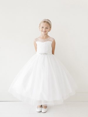 First Communion Dress Rhinestone Belt Illusion Neckline