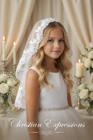 Girls White First Communion Mantilla Veil with Floral Scallop Edging