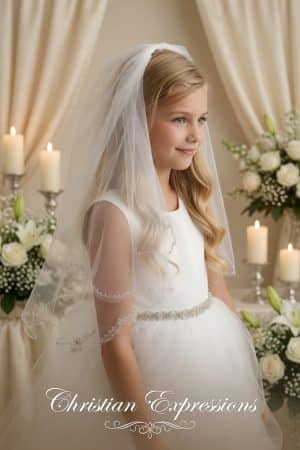 Elegant First Communion Veil with Beaded Trim