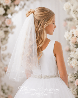 First Communion Veil with Rhinestone Beading Blunt Edge