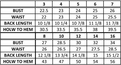 First Communion Dresses Size Chart