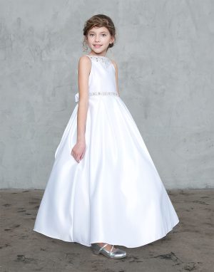 Satin First Holy Communion Dress with Beaded Neckline