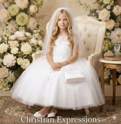 First Communion Dress with Diagonal Embroidery with Lace Accent