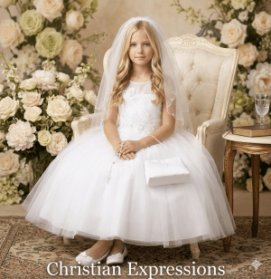 First Communion Dress with Diagonal Embroidery with Lace Accent