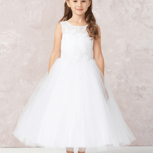 First Communion Dress with Diagonal Embroidery with Lace Accent