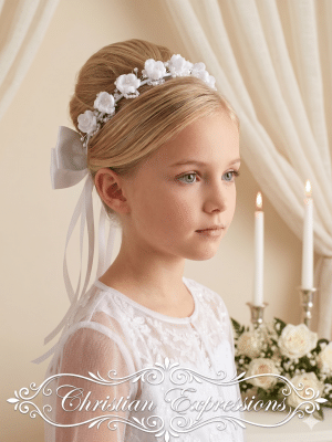 First Communion Flower Crown Headpiece with Streamers