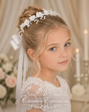 First Communion Flower and Pearl Headpiece with Streamers