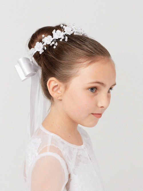 First Communion Flower and Pearl Headpiece with Streamers