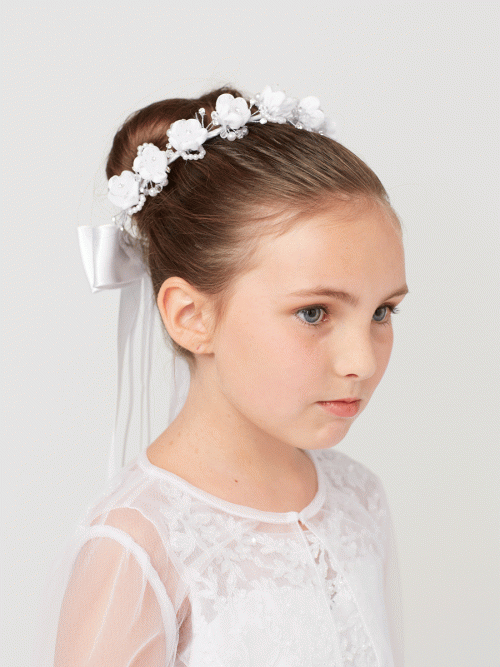 First Communion Flower Crown Headpiece with Streamers