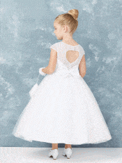 Short Sleeved First Communion Dress with Vertical Embroidery and Lace Applique