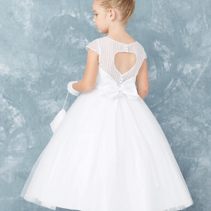 Short Sleeved First Communion Dress with Vertical Embroidery and Lace Applique