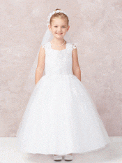 First Communion Dress with Satin and Lace Applique