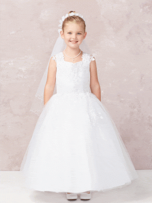 First Communion Dress with Satin and Lace Applique