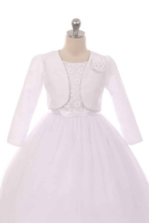 Satin Long Sleeve First Communion Bolero Jacket with Satin Flower