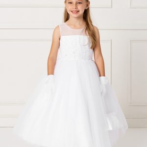 Ankle Length Lace and Mesh First Communion Dress with Sheer Neckline
