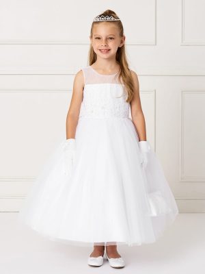 Ankle Length Lace and Mesh First Communion Dress with Sheer Neckline